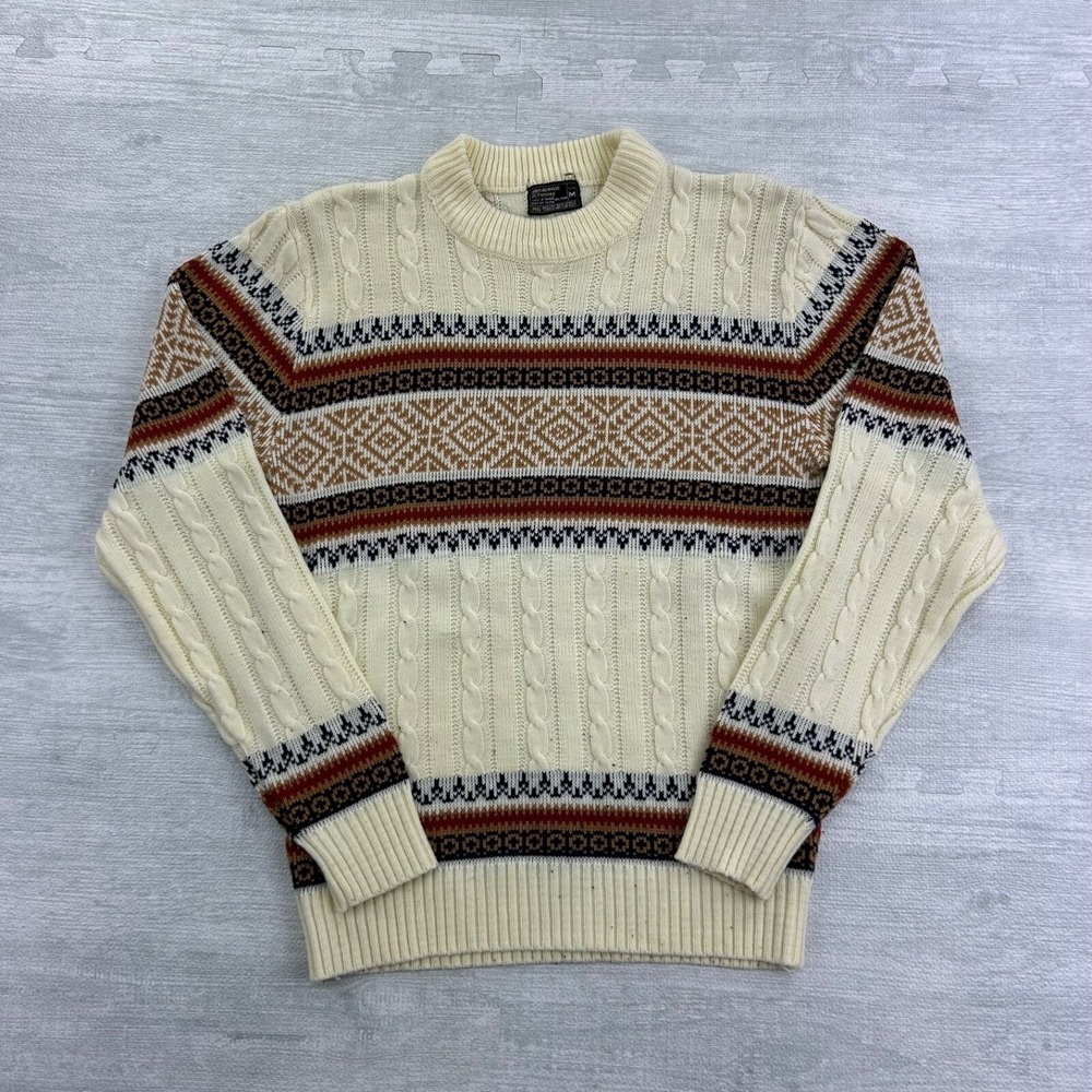 Vintage 60s JC Penney Cable Knit Sweater Size Medium Cream Geometric Pullover